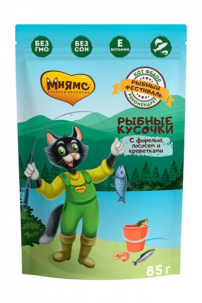 Мнямс Рыбные кусочки для кошек с лососем, креветками и форелью "Рыбный фестиваль" 85г