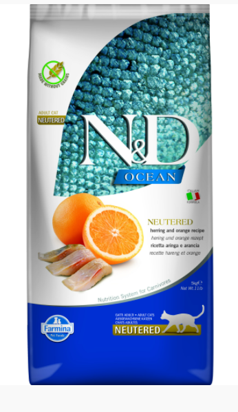 Фармина N&D Cat Ocean сельдь, и апельсин для стерилизованных кошек и котов, 0,3кг