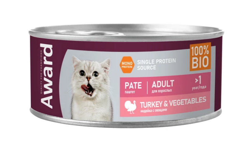 AWARD конс. для взрослых кошек паштет из индейки с овощами 100г