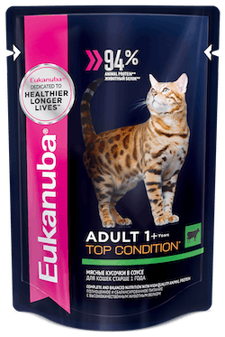 EUK Cat паучи корм для взрослых кошек с говядиной в соусе 85 г