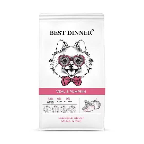 Best Dinner корм сухой для собак мелких пород склонных к аллергии с Телятиной и тыквой 1,5кг