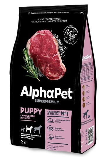 АльфаПет сухой корм д/щенков, берем. и кормящих собак сред. пород (Говядина, рис), 0,9 кг
