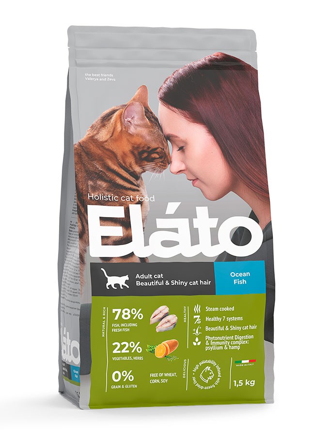 Elato Holistic корм для взрослых кошек с рыбой / для красивой и блестящей шерсти, 1,5кг (*6) (до 01.