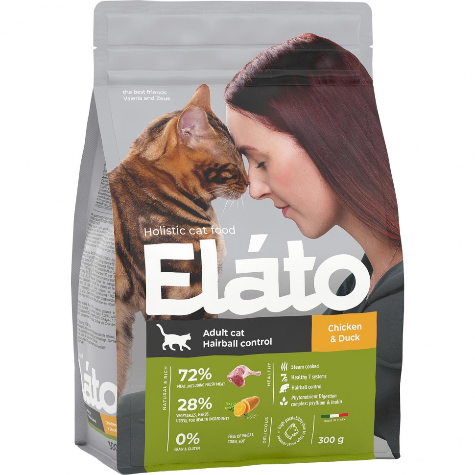 Elato Holistic корм для кошек с курицей и уткой / для выведения шерсти, 300г